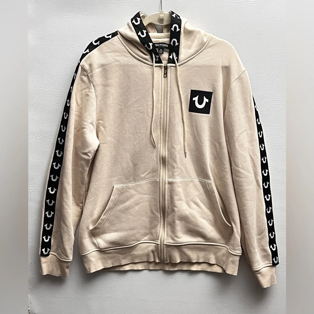 True Religion Cream Full Zip Hoodie with Black Taping Logo Details XL